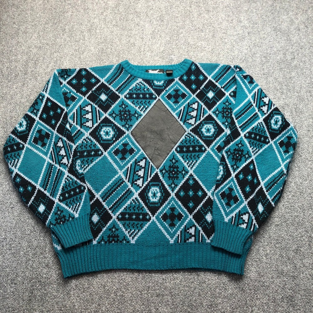 Vintage Impact Mens Teal Geometric Diamond Knit Sweater Leather Inlay Large